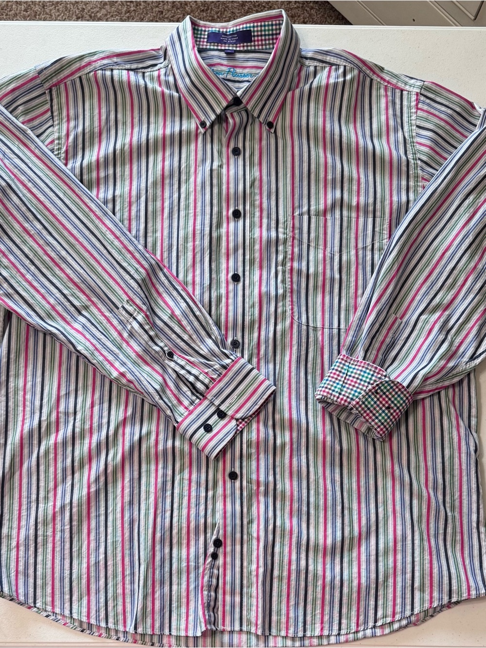 Alan Flusser Men’s Multi Color Striped Button Down with Contrast Cuffs. Size XL